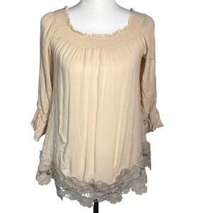 ALTAR'D‎ STATE Women's Medium Beige Cream Boho Peasant Top Lace Trim 3/4 Sleeve